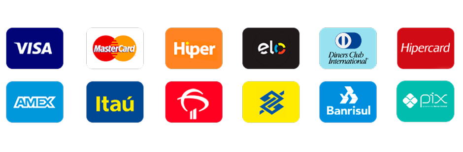 Formas de pagamento aceitas: Cartões de Crédito Visa, Mastercard, Elo, Hipercard, Pix e Boleto